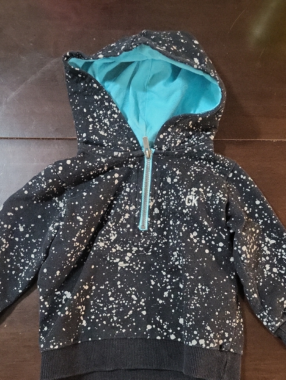 Calvin Klein Kids Black Splatter Half-Zip Hoodie with Teal Hood